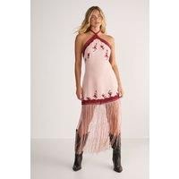 Floral Embroidered Lace Trim Halter Neck Fringe Maxi Dress