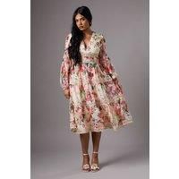 Petite Organza Long Sleeve Printed Lace Trim Dress