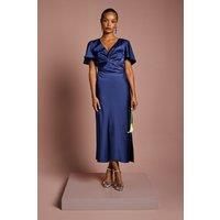 Oasis Women's Petite Satin Twist Angel Sleeve Midi Bridesmaid Dress in Navy | Size: 18