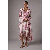 Long Sleeve Printed Chiffon Volume Maxi Dress