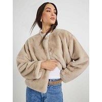 River Island Scarf Detail Faux Fur Coat - Cream