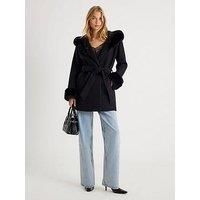 River Island Faux Fur Trim Hooded Coat - Black
