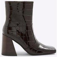 River Island Croc Texture Flared Block Heel Boots - Brown