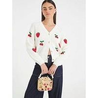 River Island Knitted Embroidered Strawberry Cardigan - Cream