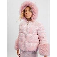 River Island Older Girls Sequin Hooded Puffer Coat - Pink