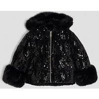 River Island Older Girls Sequin Hooded Puffer Coat - Black