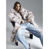 River Island Faux Fur Leopard Print Longline Coat - Cream