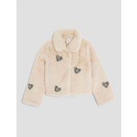 River Island Older Girls Embellished Faux Fur Heart Jacket - Cream