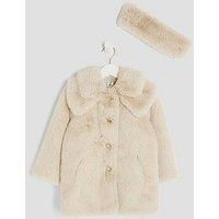 River Island Mini Girls Faux Fur Coat With Headband - Cream
