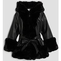River Island Older Girls Faux Fur Wrap Hooded Coat - Black