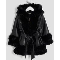 River Island Mini Girls Faux Fur Wrap Hooded Coat - Black