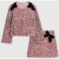 River Island Older Girls Sequin Bow Long Sleeved Skirt Set - Pink
