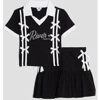River Island Older Girls Polo Shirt & Skirt Bow Set - Black