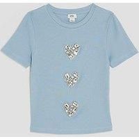 River Island Older Girls Ribbed Diamante Heart T-Shirt - Blue