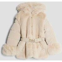 River Island Older Girls Belted Faux Fur Padded Coat - Cream