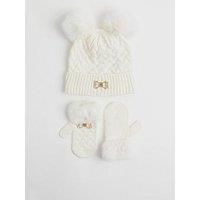 River Island Mini Girls Bow Beanie And Mittens Set - Cream