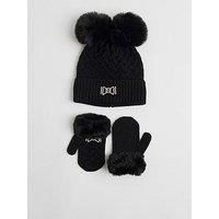 River Island Mini Girls Bow Beanie And Mittens Set - Black