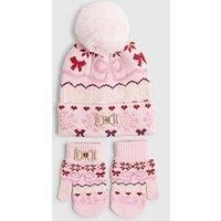 River Island Mini Girls Bow Fairisle Beanie Hat Set - Pink