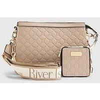 River Island Embossed Monogram Chain Cross Body Bag - Beige