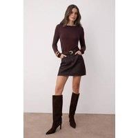 WOVCOR Women's High-Waist Mini A-Line Denim Skirt with Pocket Detail in Brown | Size: 6