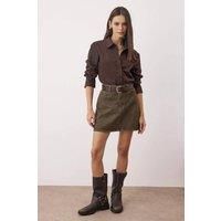WOVCOR Women's High-Waist Mini A-Line Denim Skirt with Pocket Detail in Khaki | Size: 6
