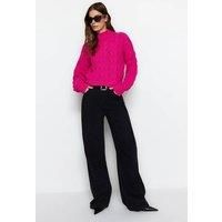 WOVCOR Women's Cable Knit High Neck Cropped Jumper in Fuchsia | Size: Large