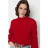 WOVCOR Women's Cable Knit High Neck Cropped Jumper in Red | Size: Small