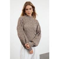 WOVCOR Women's Cable Knit High Neck Cropped Jumper in Taupe | Size: Small