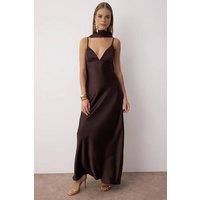 HOXTON GAL Women's Satin Maxi Evening Dress with Spaghetti Straps & Shawl Detail in Brown | Size: 14