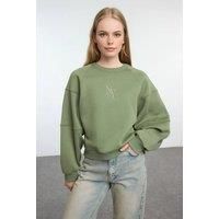 WOVCOR Women's Embroidered Crew Neck Fleece Sweatshirt in Khaki | Size: Small