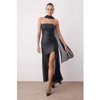 WOVCOR Women's Sequin Chiffon Split Maxi Evening Dress with Shawl in Black | Size: 8