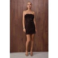 WOVCOR Women's Strapless Sequin Mini Party Dress with Floral Ruffle Detail in Brown | Size: 6