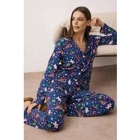 WOVCOR Women's Reindeer Print Long Sleeve Top & Wide Leg Lounge Pyjama Set in Navy | Size: Large