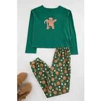 WOVCOR Women's Festive Gingerbread Print Two-Piece Long Sleeve Pyjama Set in Green | Size: Large