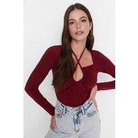 WOVCOR Women's Knit Blouse With Neck-Tie Detail in Burgundy | Size: Small