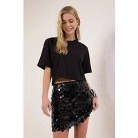 WOVCOR Women's Sequin Mini Skirt With Ruffle Detail in Black | Size: 8