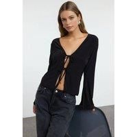 WOVCOR Women's Knit Blouse with Tie Detail in Black | Size: Small