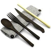 Dark Wood Cutlery Set (Light grey bag)