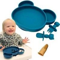Suction Plate Baby Cutlery Set Chomp®, Includes Baby Toothbrush, Baby Weaning Set, Baby Plate, Spoon, Fork Toddler Cutlery Suction Baby Bowls for Weaning, Dishwasher Safe, Suction Plate (Blueberry)