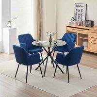 Alexander Morgan Miami Glass Dining Table with 4 Charlotte Velvet Arm Dining Chairs Table Set (Blue)