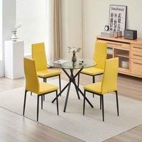 New York Dining Table With 4 Mustard Emily Leather Chairs, Yellow