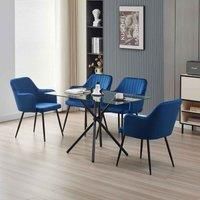 Alexander Morgan Miami Glass Dining Table with 4 Charlotte Velvet Arm Dinig Chairs Table Set (Blue)