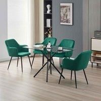 Alexander Morgan Miami Glass Dining Table with 4 Charlotte Velvet Arm Dinig Chairs Table Set (Green)