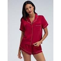 Boux Avenue Luxe Satin Short Sleeve Revere & Short Set - Dark Red