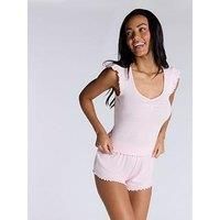 Boux Avenue Pointelle Frill Short Sleeve Top And Short Pyjama Set - Powder Pink