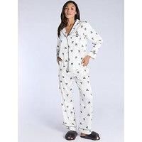 Boux Avenue Luxe Satin Bow Print Long Sleeve Revere Pj Set - Oyster