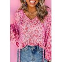 Everyday The Label Women's Pink Floral Puff Sleeve Split Neck Lightweight Blouse Blouses | Size: XL
