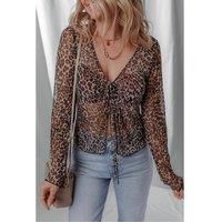 Everyday The Label Women's Multicolour Leopard Sheer Mesh Long Sleeve V Neck Lace-up Blouse | Size: XL