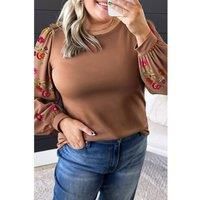 Everyday The Label Women's Brown Floral Sleeve Patchwork Round Neck Plus Blouse Blouses | Size: 4XL