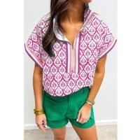 Everyday The Label Women's Pink Western Print Zipped Collar Short Sleeve Summer Blouse Top | Size: Small